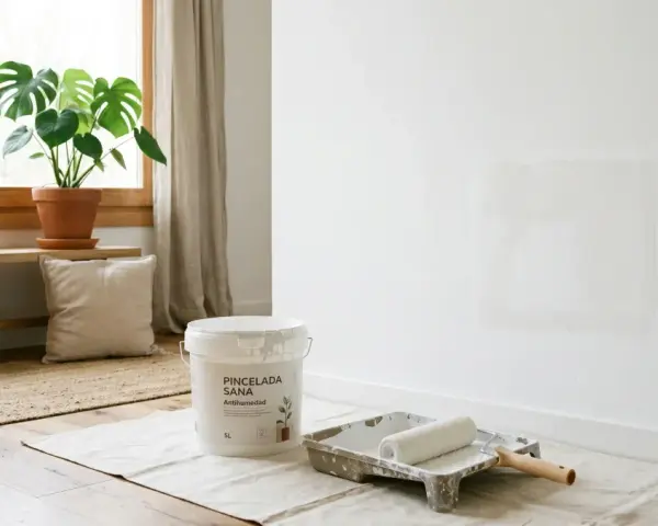 Un cubo de pintura anticondensación y un rodillo esperan para renovar la pared. ¡Se puede pintar encima de pintura anticondensación sin problema!