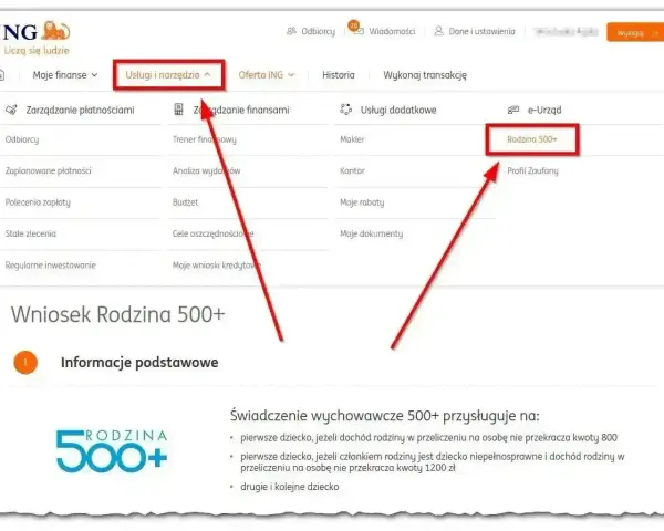 Kliknij "Usługi i narzędzia", a następnie "Rodzina 500+" aby dowiedzieć się, jak uzyskać świadczenie wspierające.