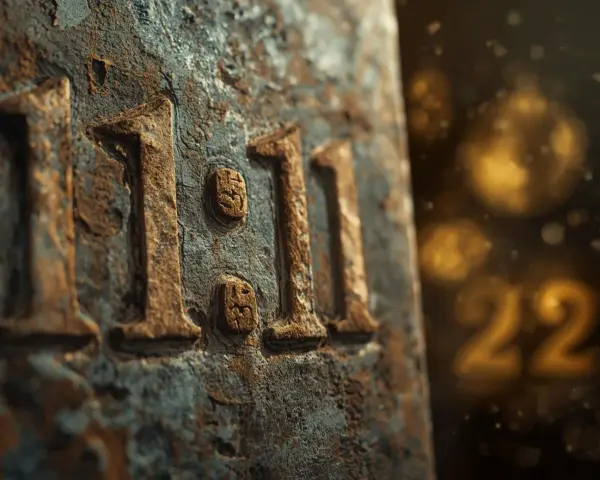 Kamień z wyrytymi cyframi 11:11. W tle złote 22. Czy to numerologiczna 11 czy 2?