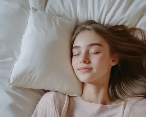 Spokojny sen dziewczyny na poduszce, symbolizujący **regulowanie emocji** i odpoczynek.