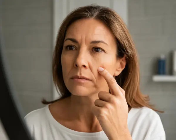 Mujer se toca la cara, preocupada por el surco nasogeniano. Busca soluciones para eliminar surco nasogeniano y rejuvenecer su piel.