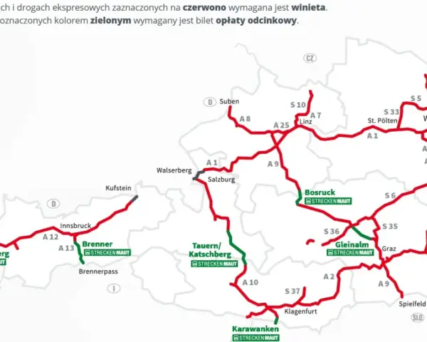 Mapa Austrii z zaznaczonymi trasami. Czerwone drogi wymagają winiety, zielone opłaty odcinkowej. Sprawdź e-winieta Austria cena przed podróżą.