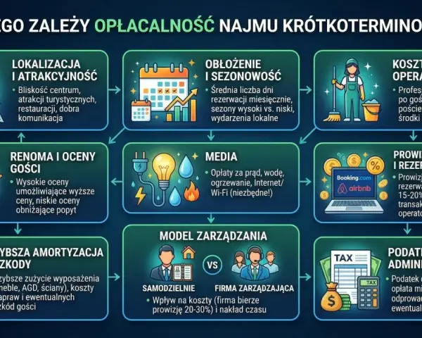 Kluczowe czynniki opłacalności inwestowania w nieruchomości: lokalizacja, obłożenie, koszty, renoma, media, prowizje, amortyzacja, model zarządzania i podatki.
