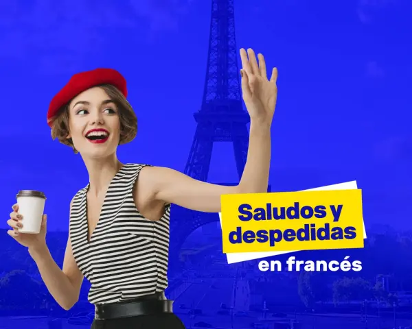 Mujer con boina roja y taza de café saluda, con la Torre Eiffel de fondo. Aprende como se dice saludos en francés.