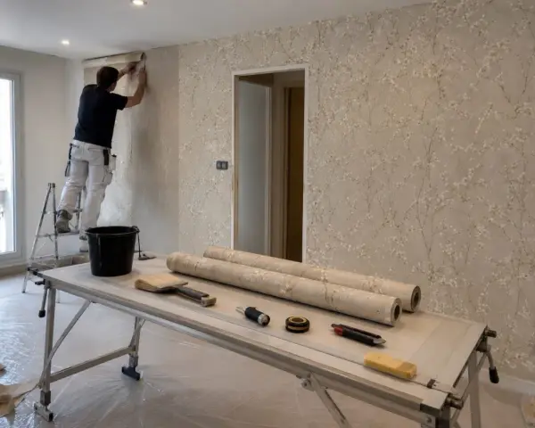 Hombre en escalera empapelando pared con diseño floral. Sobre la mesa, rollos de papel, brochas y herramientas para empapelar.