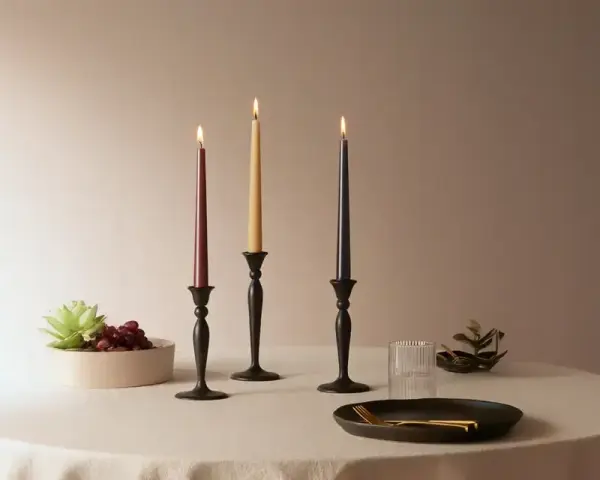 Trzy świece w czarnych świecznikach: ciemnoróżowa, beżowa i granatowa. Różowa świeca znaczenie: symbolizuje miłość, spokój i harmonię.