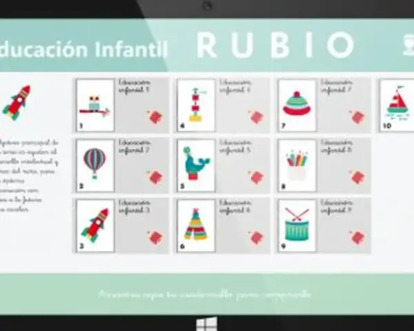 Pantalla de tablet con app de educación infantil. Muestra tarjetas con dibujos de cohetes, globos, animales y juguetes, ideal para el app crecimiento bebé.