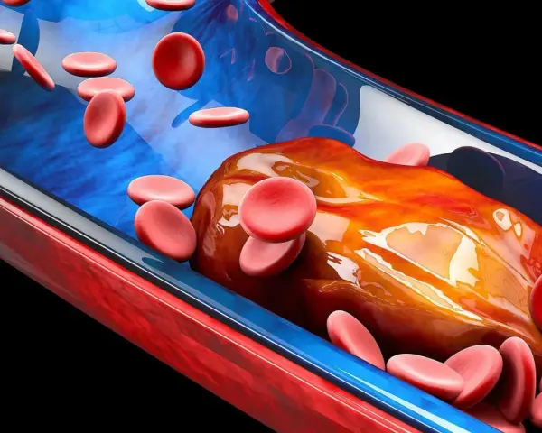 Rote Blutkörperchen umgeben einen großen Thrombus in einem Blutgefäß. Der Thrombus behindert den normalen Blutfluss und kann den Puls beeinflussen.
