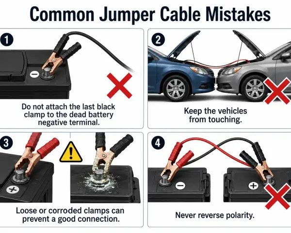 Learn which jumper cable goes on first by avoiding common mistakes: don't attach the last black clamp to the dead battery's negative terminal.