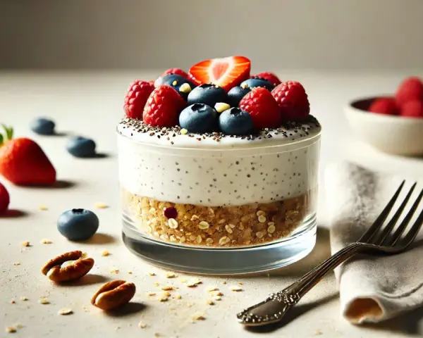Ein Glas mit einem Schichtdessert, das wie ein **high protein cheesecake** aussieht, garniert mit Beeren und Nüssen.