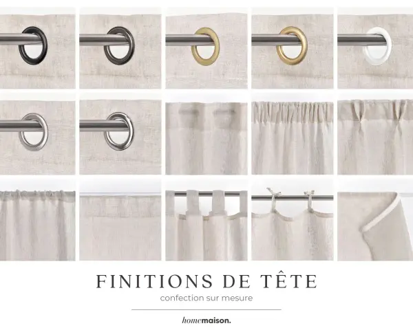 Mise en avant de divers plis flamands pour rideaux : œillets, ruflettes, pattes et nouettes.