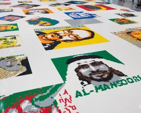 Portraits de personnalités réalisés en briques Lego, dans le style d'Ai Weiwei. L'œuvre est étendue sur un sol blanc.