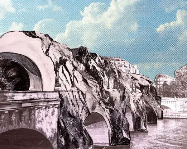 Le Pont Neuf, une œuvre d'art surréaliste, se dresse au-dessus de la Seine, ses arches rocheuses défiant la gravité sous un ciel bleu pointillé.