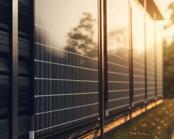 Nowoczesny płot z paneli fotowoltaicznych odbija ciepłe światło zachodzącego słońca, tworząc zieloną energię.