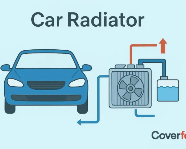 Diagram showing a blue car connected to a car radiator with a fan and coolant reservoir, illustrating how a radiator cools the engine.