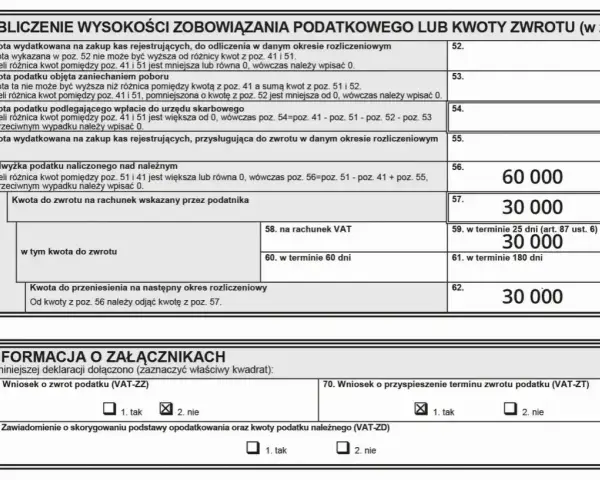 Formularz VAT z kwotą 30 000 zł do zwrotu na rachunek bankowy, co może być związane ze zwrotem VAT przy budowie domu.