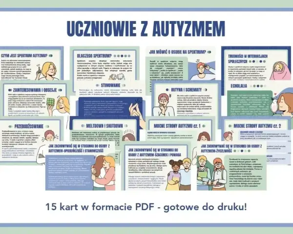 Materiały edukacyjne o spektrum autyzmu: czym jest, jak mówić o osobach autystycznych, mocne strony i wskazówki dotyczące relacji.