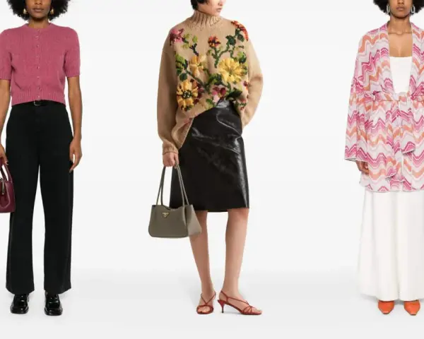 Moda anni '50: cardigan rosa, maglione floreale con gonna in pelle, abito a fantasia zig-zag.