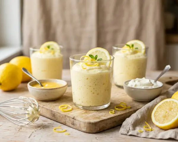 Trois verres de mousse au citron, décorés de rondelles de citron et de menthe. Des citrons frais, un fouet et des petits bols complètent cette scène gourmande.