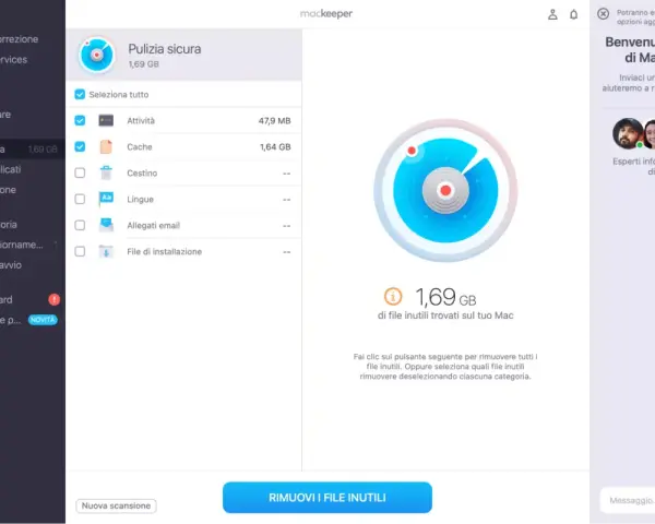 Interfaccia MacKeeper per svuotare cache Mac. Mostra 1,69 GB di file inutili trovati, con opzioni per rimuoverli.