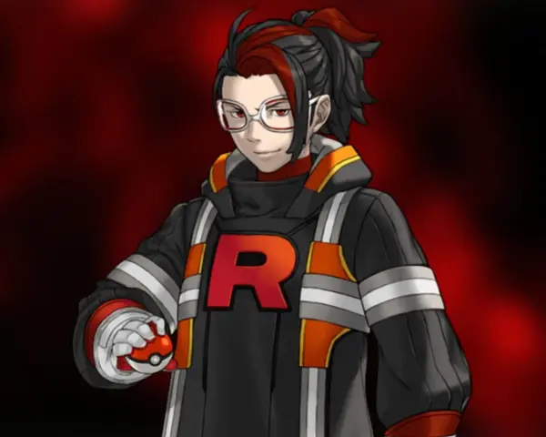 Líder Arlo de Pokémon GO, con su icónica chaqueta del Team Rocket y una Poké Ball en mano, listo para la batalla.