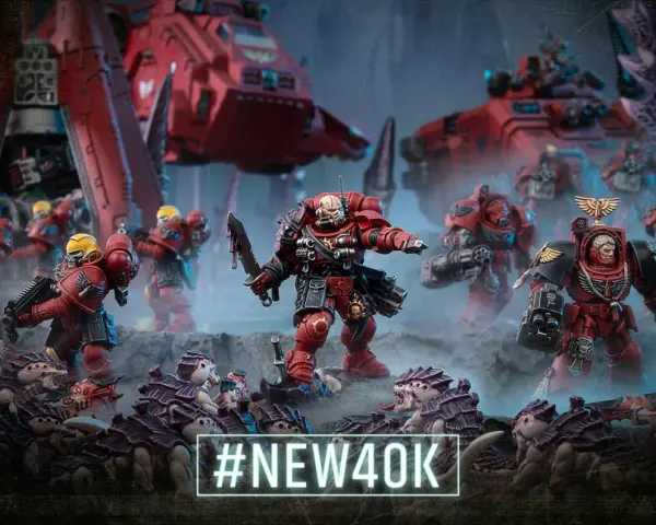 Guerrieri corazzati rossi affrontano creature aliene in una scena epica del **warhammer gioco da tavolo**. #NEW40K.