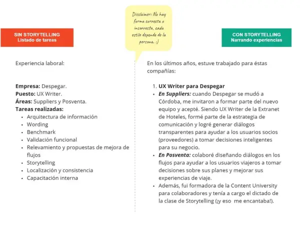 Ejemplos de cómo contar la historia de mi vida: lado izquierdo lista tareas, lado derecho narra experiencias de UX Writer en Despegar.