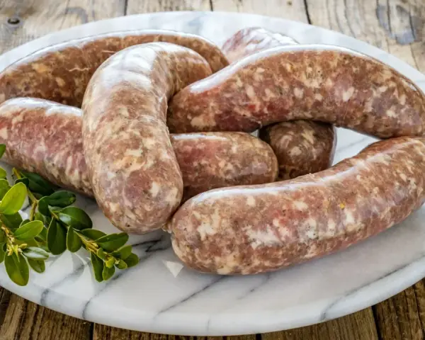 Kilka surowych kiełbasek białych parzonych ułożonych na marmurowej desce, ozdobione gałązką zielonych liści.