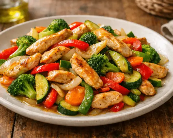 Salteado de pollo con verduras: trozos de pollo dorado con brócoli, pimientos rojos, calabacín y zanahoria.