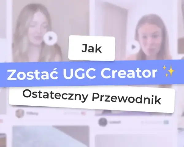 Uśmiechnięte kobiety trzymające tabliczki z napisem "Jak Zostać UGC Creator" i "Ostateczny Przewodnik".