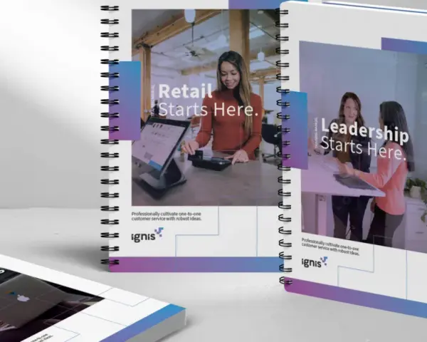 Notebooks with "Retail Starts Here," "Leadership Starts Here," and "Product Training Starts Here" for board meeting materials.