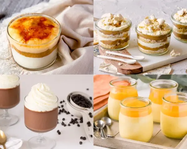 Collage de 4 postres en vasito: crema quemada, capas de galleta y dulce de leche, chocolate con crema y postre de mango.