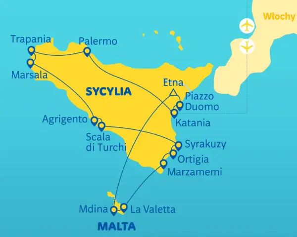 Mapa pokazuje trasy promowe między Maltą a Sycylią, z zaznaczonymi miastami jak Palermo, Katania i La Valletta.