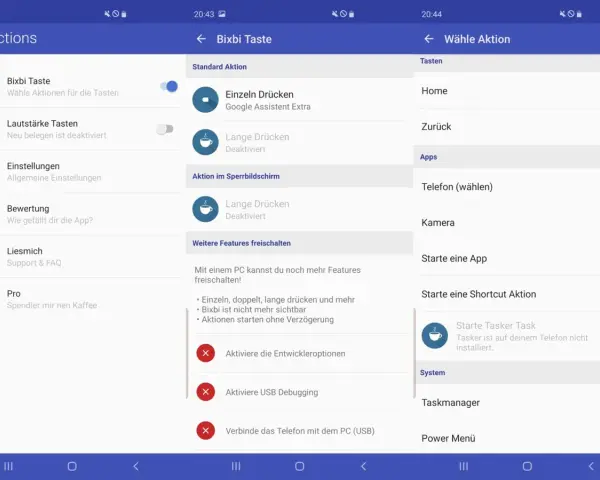 BxActions-App: Bixbi Taste für Samsung Assistant konfigurieren. Wähle Aktionen für Einzel- und Langdruck.
