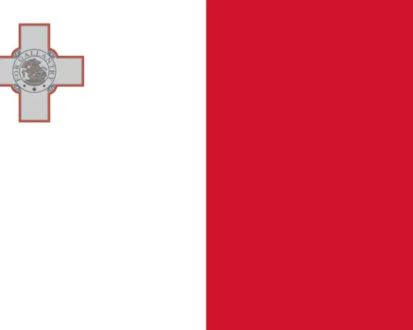 Biało-czerwona flaga Malty z herbem przedstawiającym św. Jerzego walczącego ze smokiem.