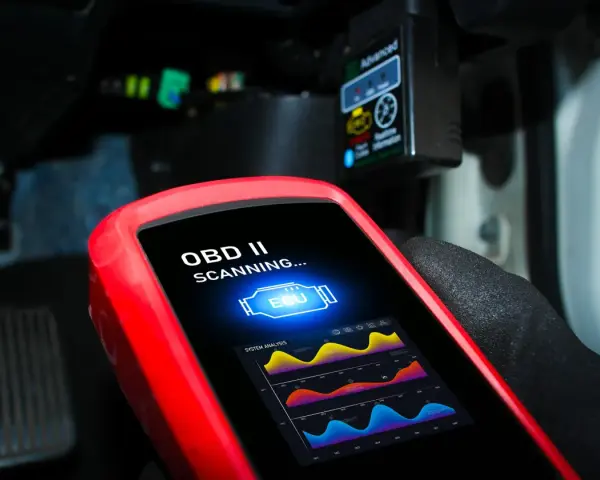 Un tecnico usa uno scanner OBD II per analizzare i dati dell'ECU dell'auto, mostrando grafici di sistema.