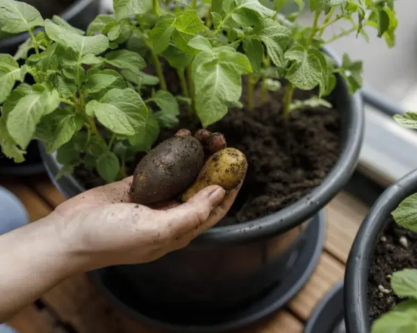 Hand håller upp färskpotatis från en hink, redo att odla potatis i hink till midsommar.