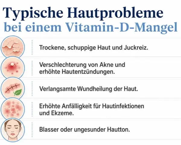 Problemi tipici della pelle con carenza di vitamina D: pelle secca, acne, lenta guarigione, infezioni e colorito spento.