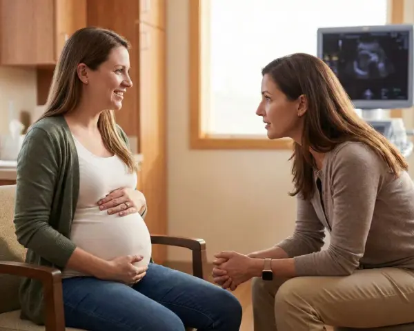 Kobieta w ciąży rozmawia z lekarką. Na ekranie widoczny jest obraz z USG. Cytologia w ciąży to ważny element opieki.