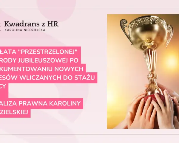 Wypłata nagrody jubileuszowej po udokumentowaniu nowych okresów wliczanych do stażu pracy. Złoty puchar w dłoniach symbolizuje sukces.