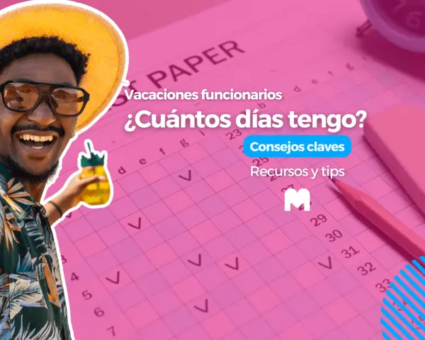 Hombre sonriente con sombrero de paja y gafas de sol, sosteniendo una bebida. El fondo muestra un calendario rosa con la pregunta "¿Cuántos días tengo?" y la frase "con cuántos días de antelación hay que pedir asuntos propios".