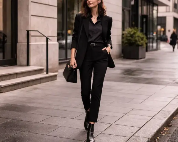 Elegancka kobieta w czarnym garniturze, z torebką i butami, idzie ulicą. Jej styl to nowoczesny goth.