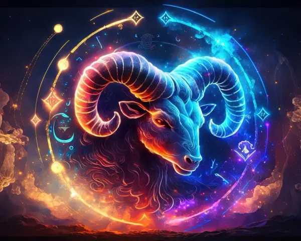 Baran, 20 kwietnia znak zodiaku, w neonowych barwach na tle kosmicznego nieba.