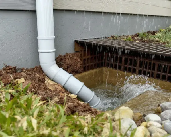 Un tuyau blanc dirige l'eau de pluie vers un drain. Le système d'évacuation eau pluviale fonctionne bien, empêchant l'eau de stagner près de la maison.