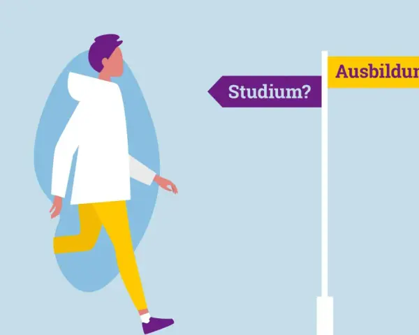 Person steht vor Wegweiser: "Studium?" links, "Ausbildung!" rechts. Entscheidung zwischen Ausbildung vs Studium.
