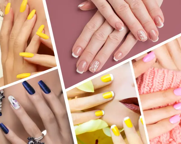 Un collage di mani con unghie colorate: giallo vivace, blu glitterato, rosa pastello e french manicure con decorazioni floreali.