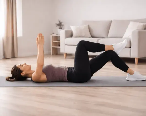 Femme effectuant un exercice de gainage dos sur un tapis, bras levés, dans un salon lumineux.