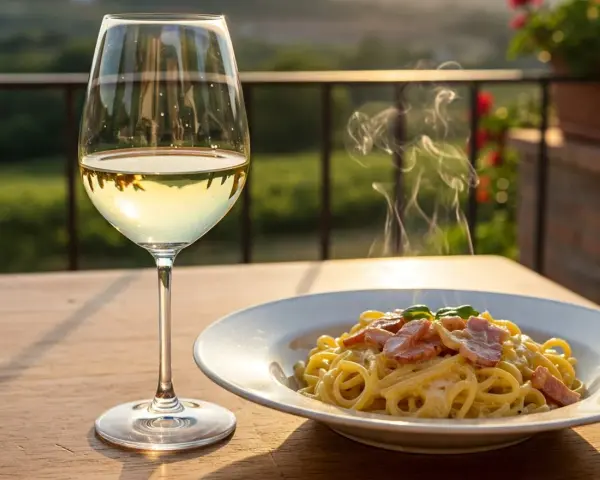 Pyszne spaghetti carbonara paruje, a obok kieliszek złocistego wina półwytrawnego. Idealny wieczór na tarasie.