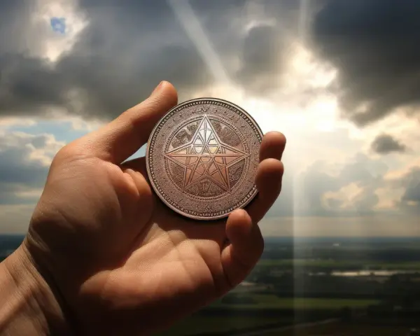 Dłoń trzyma monetę z pentagramem, symbolizującą **ace of pentacles znaczenie** – nowy początek, obfitość i materialne spełnienie.