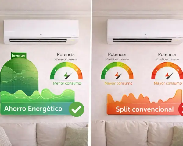 Comparativa de aire acondicionado: split inverter con menor consumo energético frente a split convencional de mayor consumo.